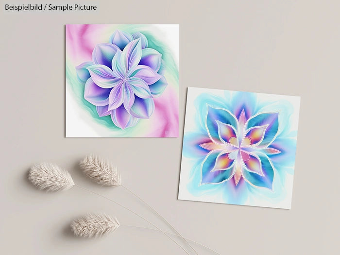 Two pastel floral artwork pieces on a light surface with dried grass twigs beside them.