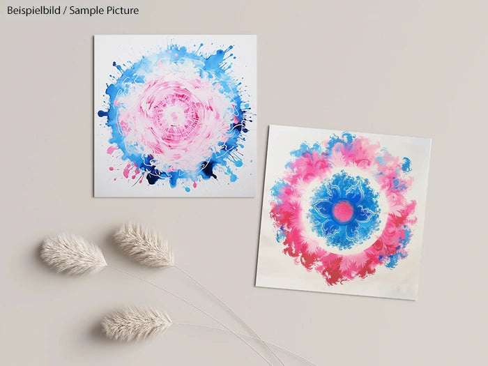 Two abstract paintings with pink and blue circular splashes, displayed on a neutral background with decorative grass.