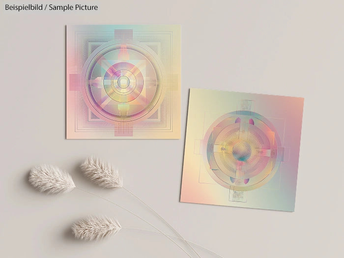 Two abstract geometric art prints with pastel colors on a light surface, accompanied by dried grass stems.