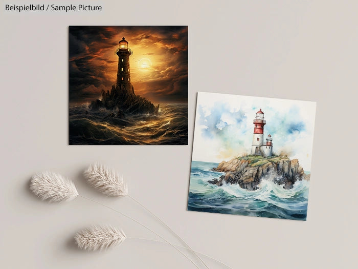 Two paintings of lighthouses on rocks: one in a stormy sea at sunset, another in calm waters under a blue sky.