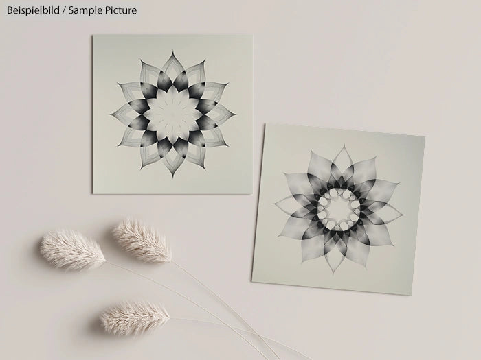 Two geometric flower designs on beige cards with decorative white dried flowers on a light background.