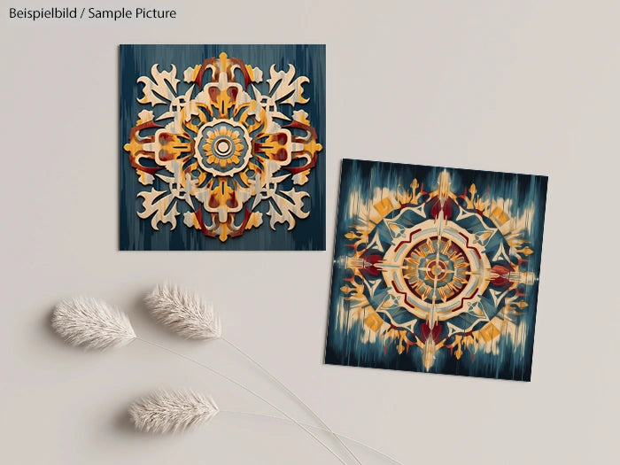 Two square, colorful mandala artworks on a blue background, with decorative grass stalks on a beige surface.