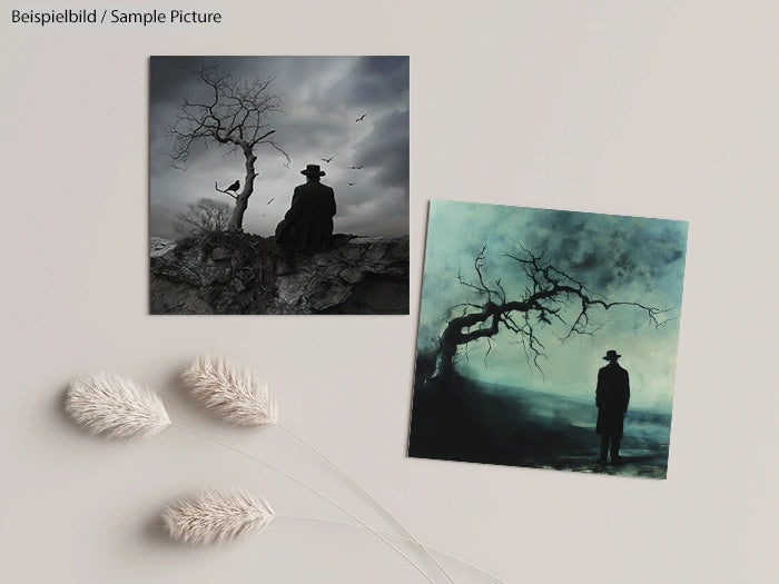 Moody art of lone figures in dark landscapes; one with crows and a leafless tree, another by a twisted tree in fog.