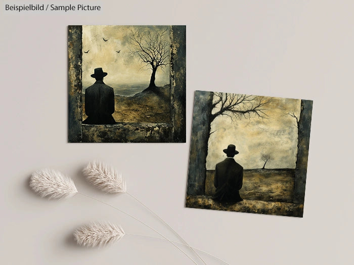 Two paintings of a person in a hat facing desolate landscapes with bare trees, mounted on a light background.