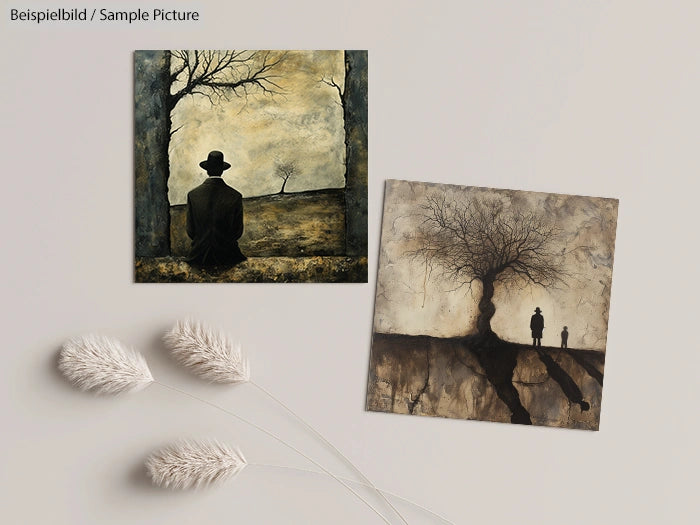 Two surreal paintings depicting figures with barren landscapes on a white background with dried grass stalks.