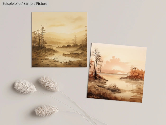 Two scenic landscape paintings with trees and a river on a beige background with decorative grasses.