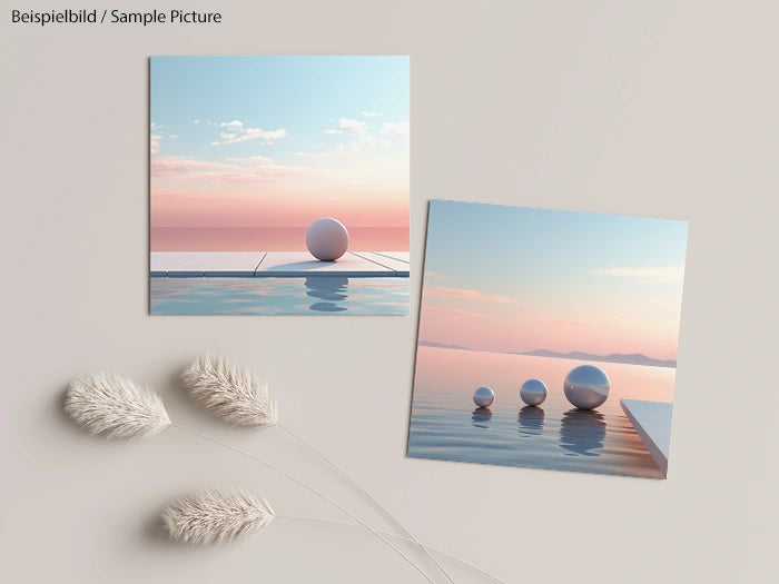 Two serene images of white spheres on water, against pink and blue sky. Decorative white wheat stalks beside.