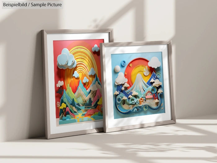 Two colorful framed artworks depicting mountains and clouds with vibrant skies, casting shadows on a beige wall.