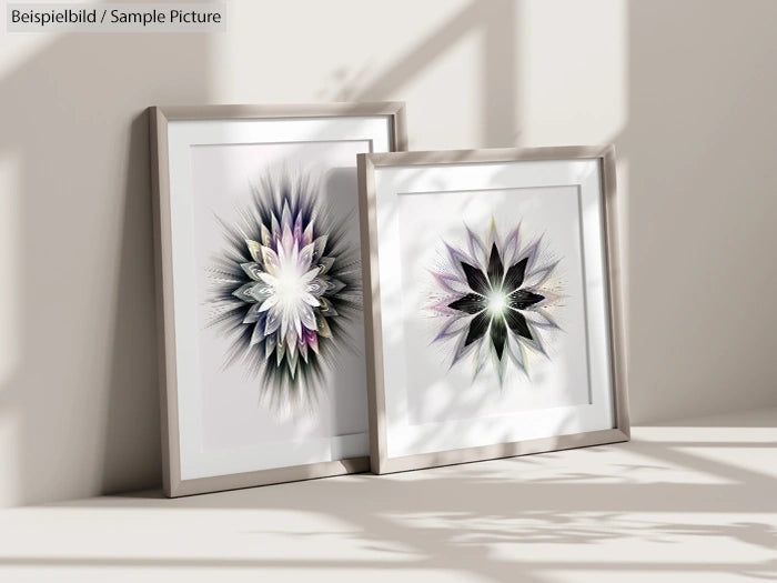 Two framed abstract starburst artworks with subtle shadow patterns on a light wall.