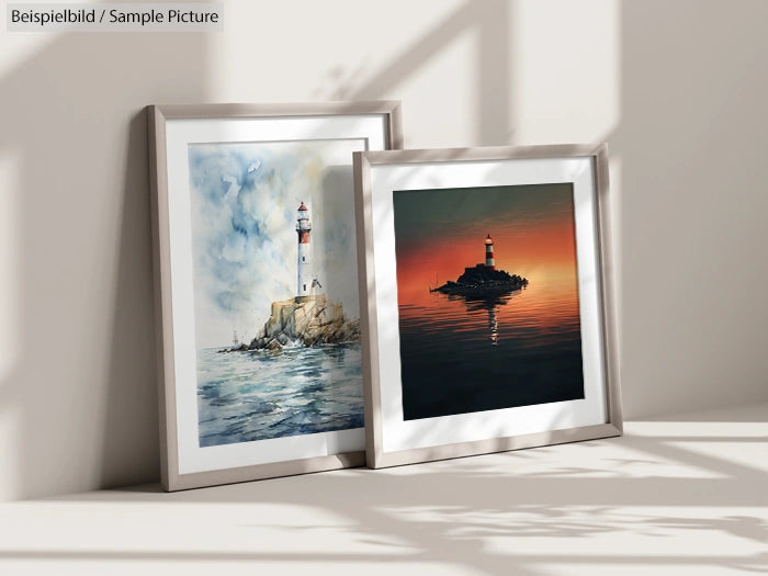 Two framed paintings of lighthouses, one in daylight and one at sunset, leaning against a sunlit wall.