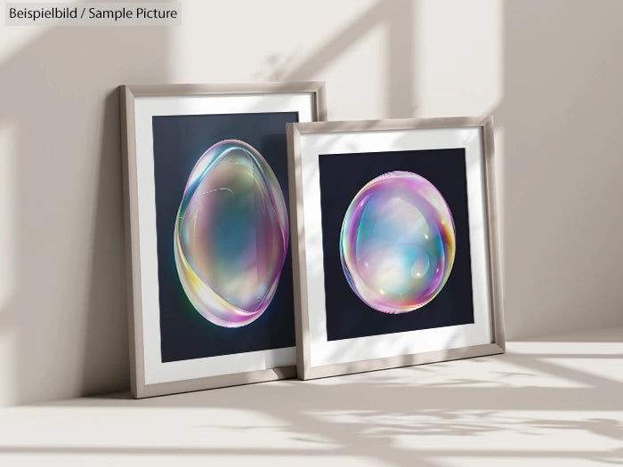 Two framed pictures with colorful, abstract bubble designs in a well-lit room with shadow patterns on the wall.