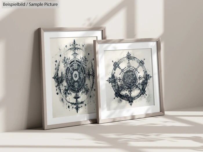 Two framed abstract artworks with intricate geometric designs, leaning against a wall with shadows.