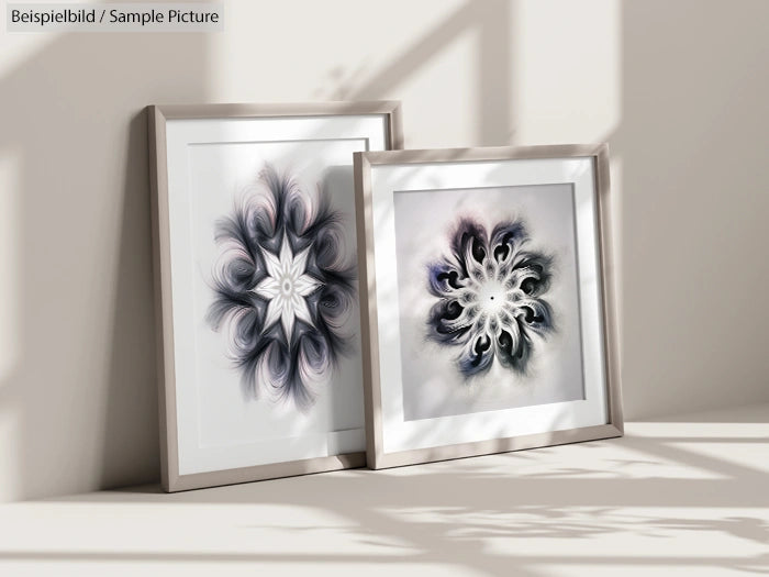 Two framed abstract artworks with symmetrical, flowing patterns in a softly lit setting.