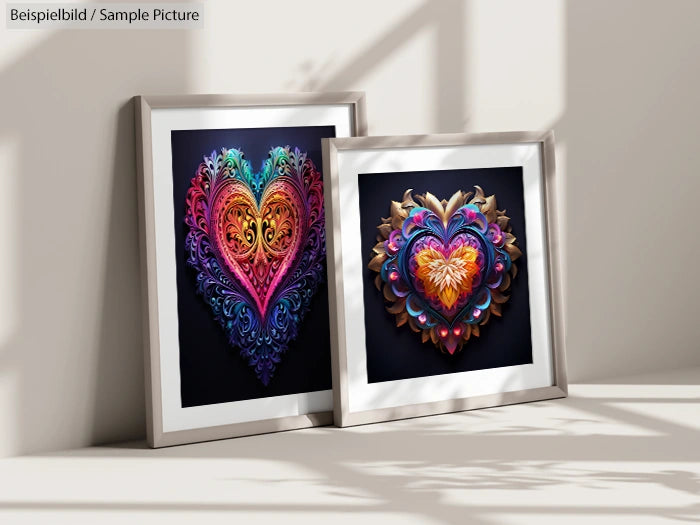 Framed colorful heart illustrations with intricate designs leaning against a wall, casting shadows on the floor.