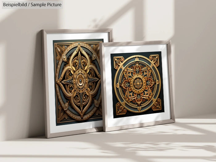 Two ornate, framed golden mandala artworks leaning against a wall with soft shadows.