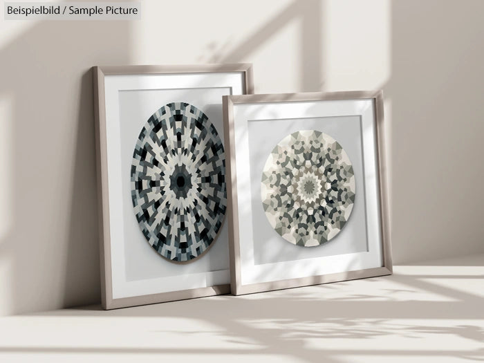 Two framed geometric artworks with circular patterns, leaning against a wall, casting shadows on the floor.