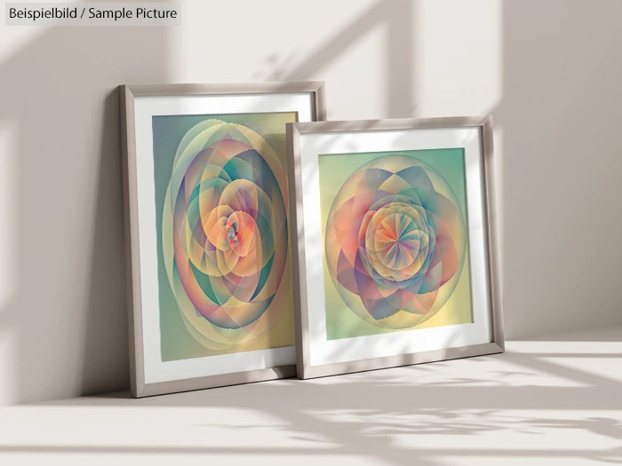 Two framed abstract art pieces with colorful overlapping circles, placed against a neutral wall, casting shadows.