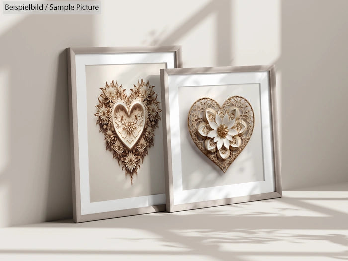 Two framed 3D heart paper artworks with intricate floral designs in a well-lit, shadowed room.