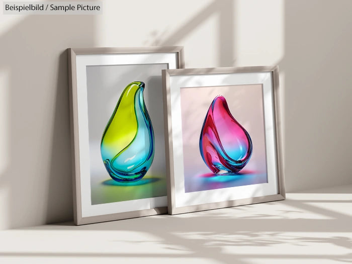 Two framed colorful glass sculptures on a light background with shadows.