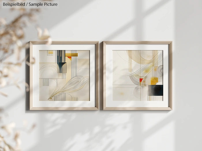 Two framed abstract artworks with geometric shapes in soft neutral tones, displayed on a wall.