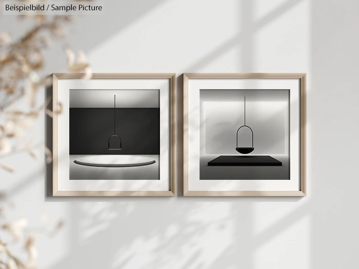 Two framed minimalist art prints on a wall, each featuring a pendant light in monochrome settings.