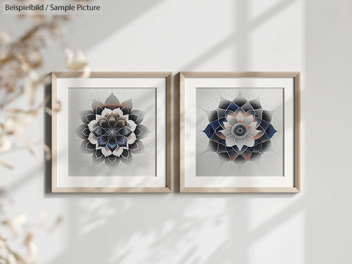 Two framed mandala artworks with floral patterns on a wall, bathed in soft natural light.