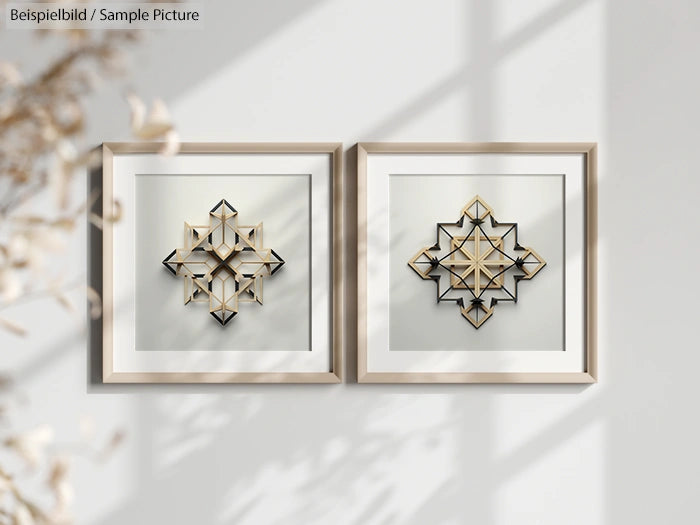 Two framed geometric art pieces with intricate patterns, displayed on a light-colored wall with shadow play.