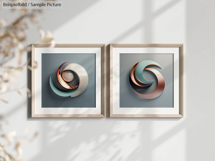 Two framed abstract art pieces with circular designs in green, brown, and blue on a light gray wall.