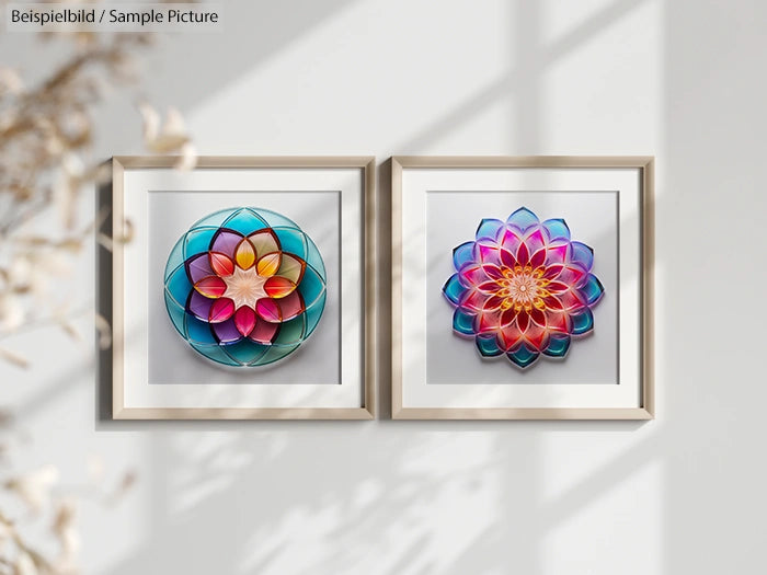 Two colorful geometric mandala designs framed on a wall, with soft shadows and natural light.