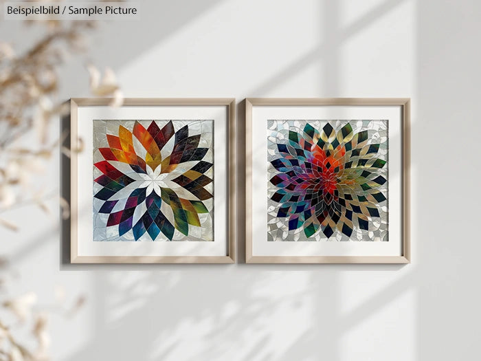 Two framed mosaic artworks with colorful floral patterns on a white wall, casting shadows.