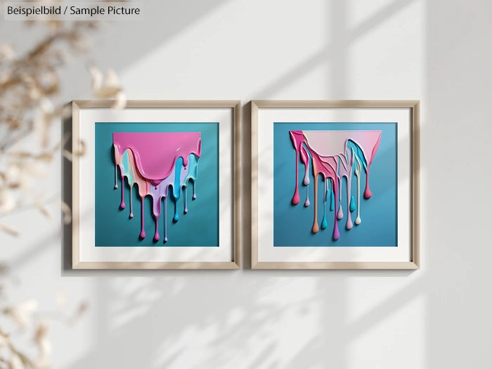 Two framed abstract paintings with colorful, dripping paint on a blue background, hung on a sunlit wall.