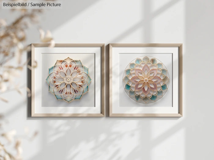 Two framed paper art mandalas on a wall, featuring intricate floral patterns in pastel colors.