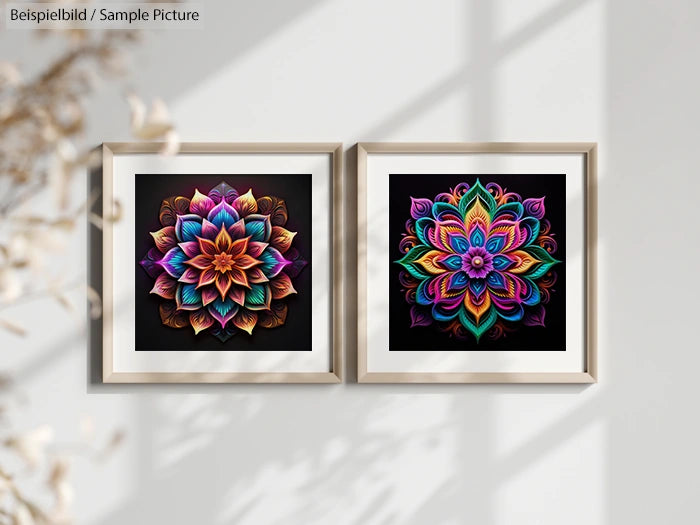 Two framed colorful mandala artworks on a white wall with natural light and shadow.