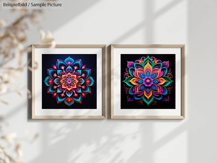 Two framed mandala artworks with vibrant colors, one with blue and red hues, the other with multicolored floral patterns.