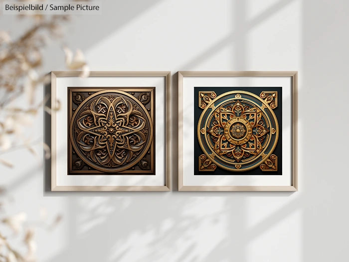 Two framed ornate mandala artworks with intricate floral patterns and golden hues, displayed on a light wall.