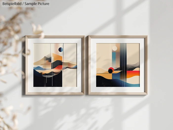 Two framed abstract paintings with geometric landscapes in neutral and warm tones, hung on a light-colored wall.