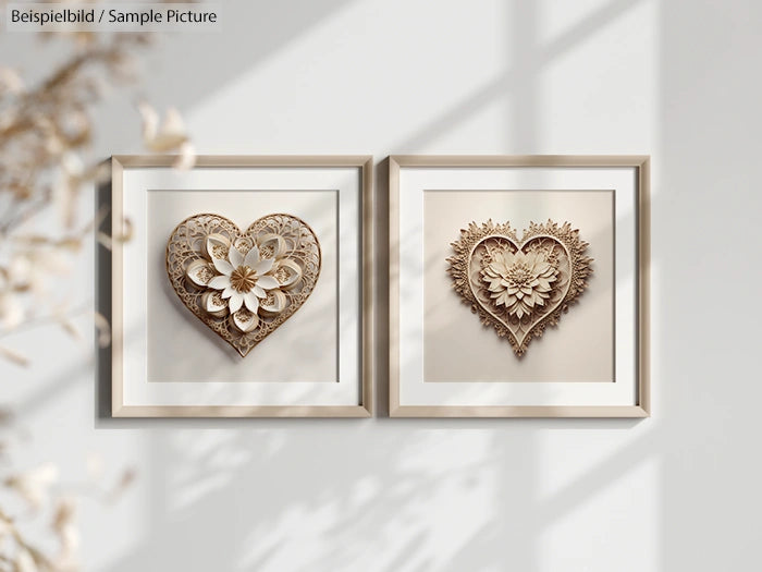 Two heart-shaped paper art pieces framed on a wall, featuring floral designs and intricate details with natural shadows.