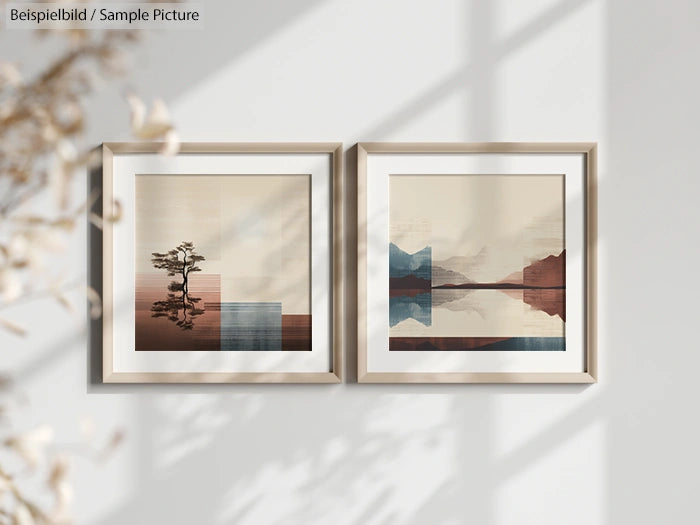 Two framed abstract landscape artworks with geometric shapes and muted colors on a sunlit wall.