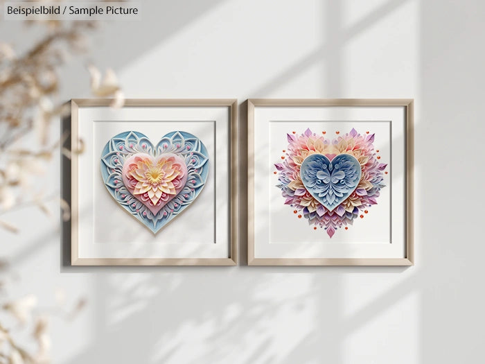 Framed paper art with heart designs in soft pastel colors, featuring intricate layers and details, hung on a white wall.