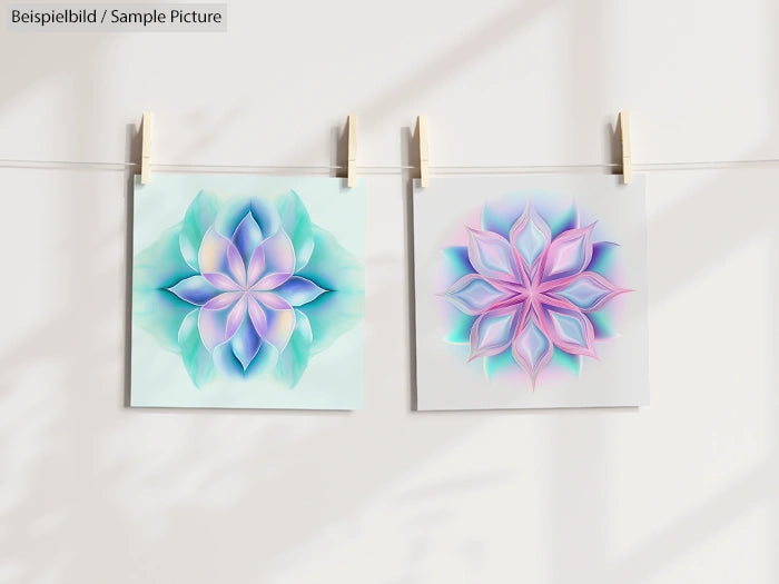 Two geometric, colorful flower designs on paper, hanging on a line with clothespins against a neutral background.