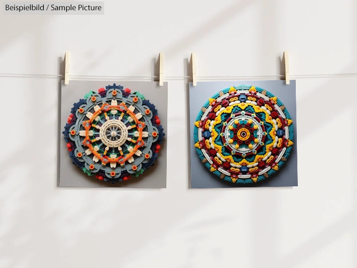 Two colorful circular mandala designs made from LEGO pieces, mounted on a wall with clothespins.