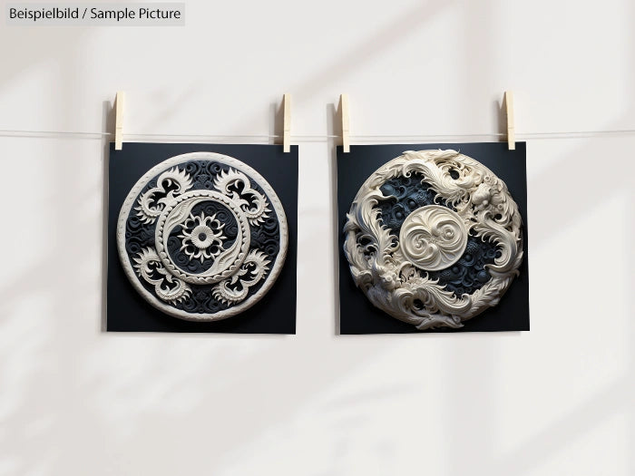 Two ornate circular designs hanging on a line against a white background.