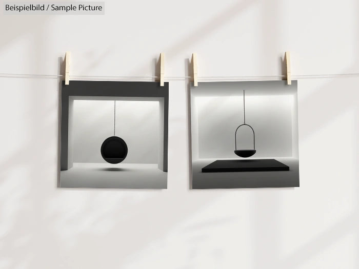 Two minimalist black and white photographs hanging on a line with clothespins, depicting abstract geometric shapes.