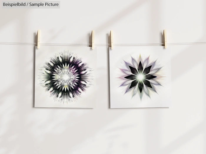 Two abstract starburst artworks displayed on a line with clothespins, casting subtle shadows on a white wall.