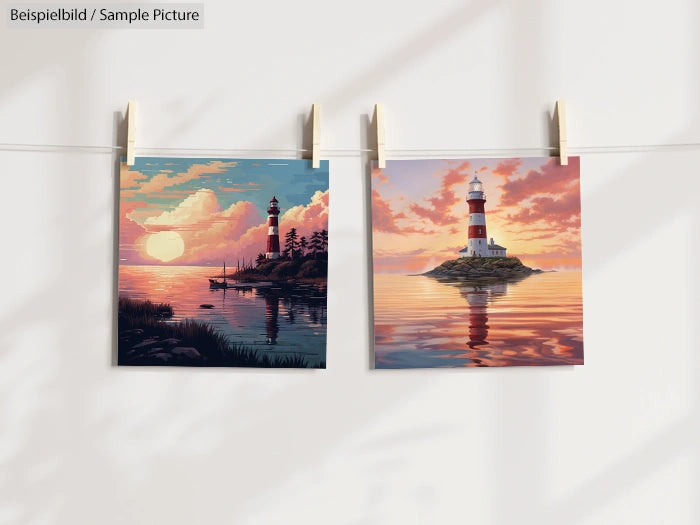 Two paintings of lighthouses at sunset, one with a boat on a lake and the other on a rocky islet in the ocean.