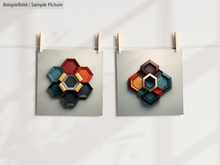 Two abstract geometric prints with hexagonal patterns hanging on a clothesline, featuring vibrant colors like red and teal.