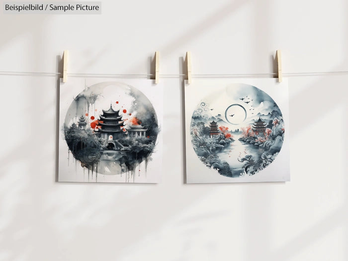 Two watercolor art prints of Asian landscapes with pagodas, clouds, and trees, clipped on a line against a white background.