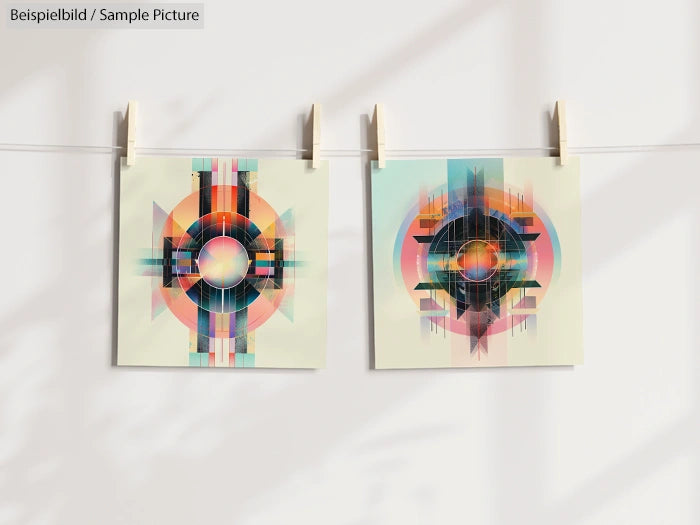 Two abstract geometric art prints with colorful circle patterns, hanging on a line against a beige background.