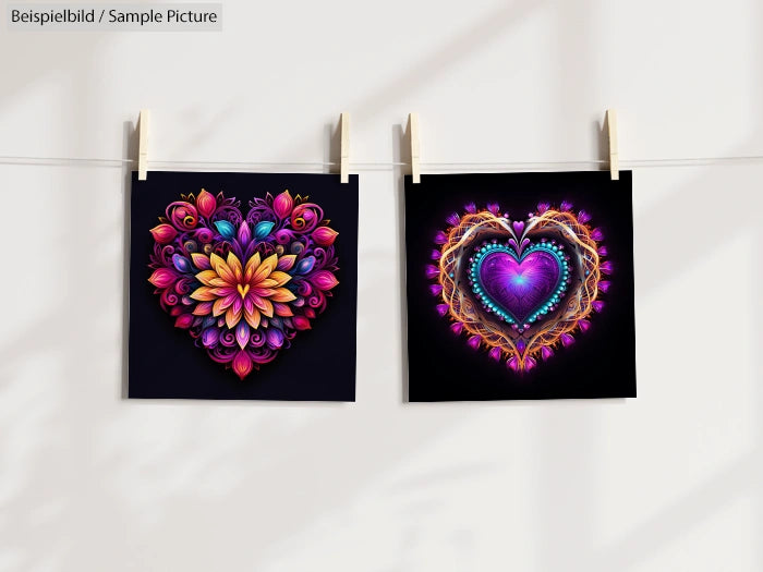 Two vibrant, ornate hearts on black backgrounds hanging by clothespins.