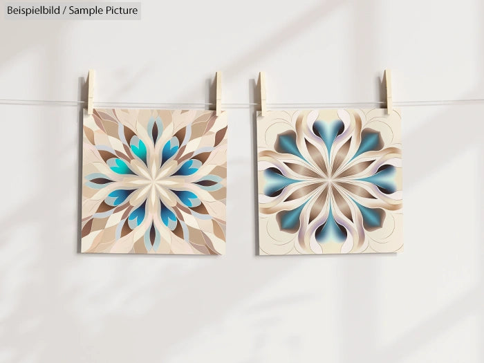 Two paper art pieces with intricate floral designs in shades of beige and blue, hung on a line with clothespins.